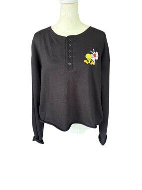 Looney Tunes women's black long sleeve quarter button placket shirt size XL